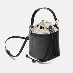 ZARA Black Faux Croc-Embossed Cube Bucket Bag Purse Crossbody NEW Remove Strap